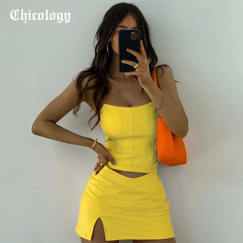 

Chicology 2021 Women Pu Fall Off Shoulder Strapless Sexy Short Sleeveless Top Side Slit Mini Sexy Solid Skirts 2 Pieces Sets