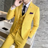 blazer set vest with pants vintage yellow striped slim fit 3 pieces men suits for wedding tuxedo groom costume homme pink 2022