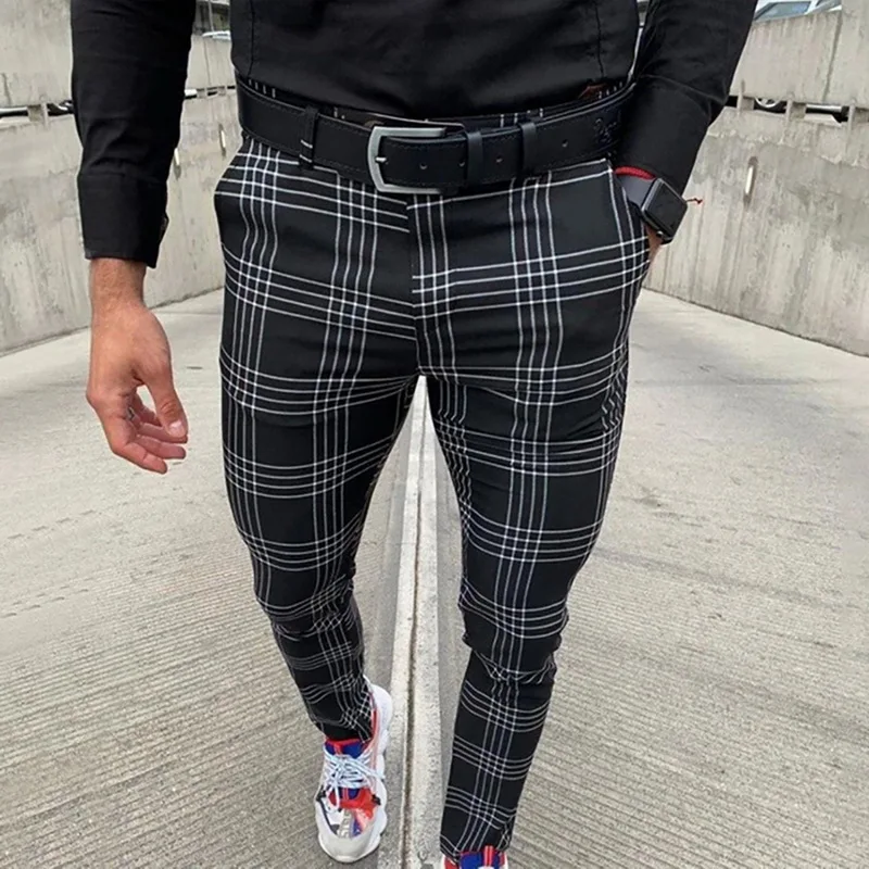 

Men's Casual Pants Plaid Slim Pencil Pants Mid Waist Skinny Office Work Male Summer Stretchy Trousers Streetwear Mens Clothes