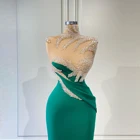 Элегантное зеленое платья на выпускной с кристаллами длинное вечернее платье в пол с высоким воротом