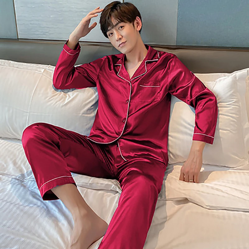 

New Solid Color Men's Pajamas Rayon Long Button Pajama Set Men's Casual Wear Large Size Pajama Set