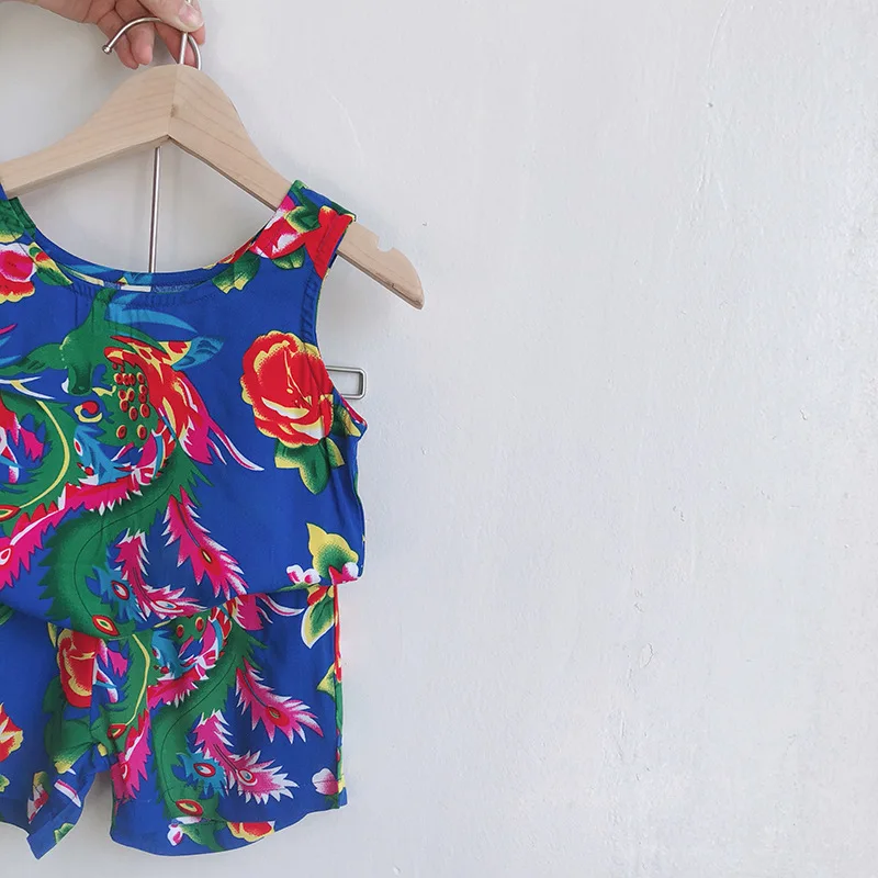 

2021 summer children's suit rayon vest shorts men and women thin floral cotton silk two-piece baby