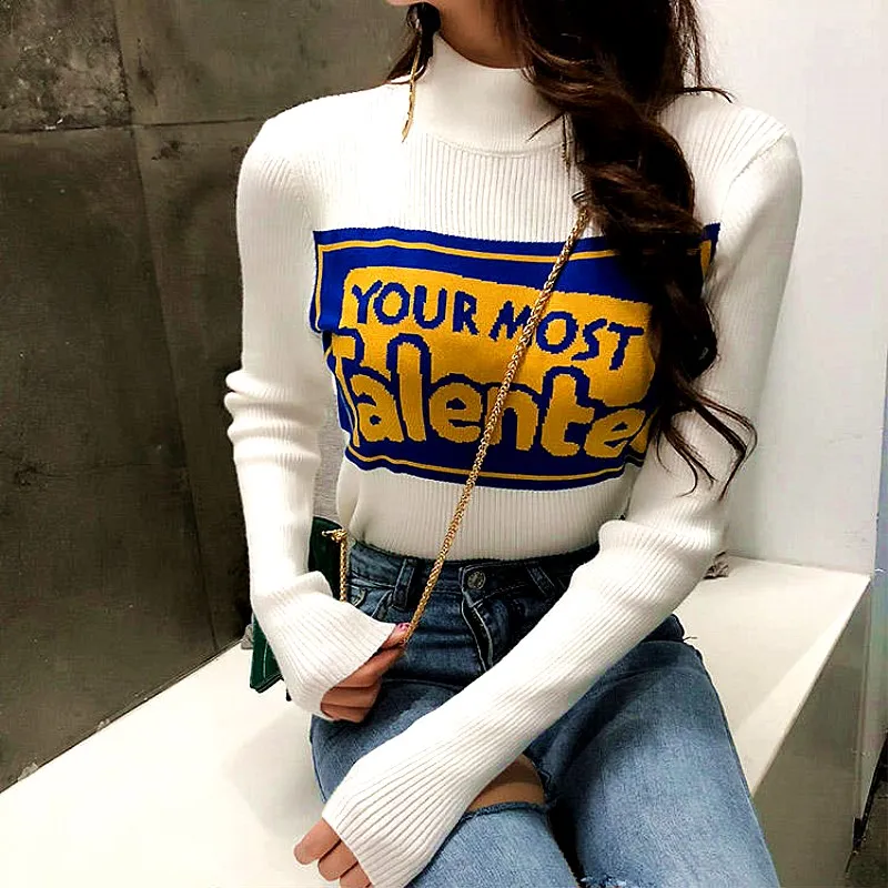 Women Autumn Winter Basic Sweater Candy Color Stand Neck Knitted Casual Letter Spliced Pullovers Casual Sweaters Knitwear NS192