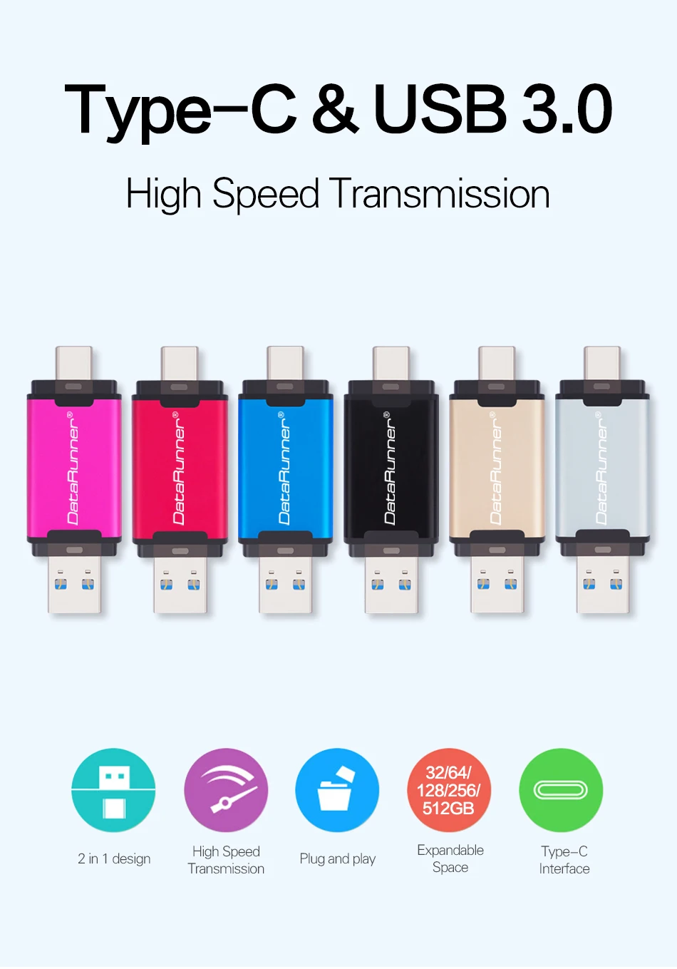 USB флеш-накопитель DataRunner type C, USB флешка, 3,0, 512 ГБ, 256 ГБ, 128 ГБ, 64 ГБ, 32 ГБ, внешний накопитель, флешка для type-C/PC