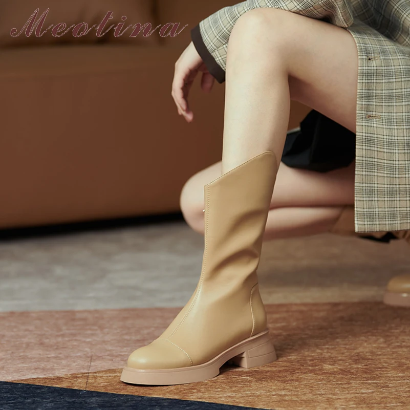 

Женские сапоги в западном стиле Meotina, сапоги до середины икры из натуральной кожи на платформе и толстом среднем каблуке, на молнии, Осень-зи...