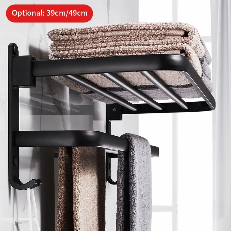

Bathroom Towel Rack Frosted Black Aluminum Wall-Mounted Folding Storage Rack With Hook Rack Shower Room Accessories