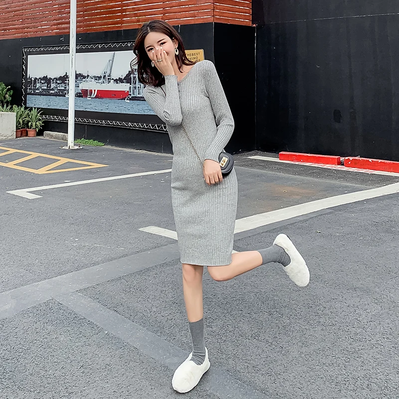 Осень зима 2019 женское однотонное вязаное платье свитер повседневное облегающее
