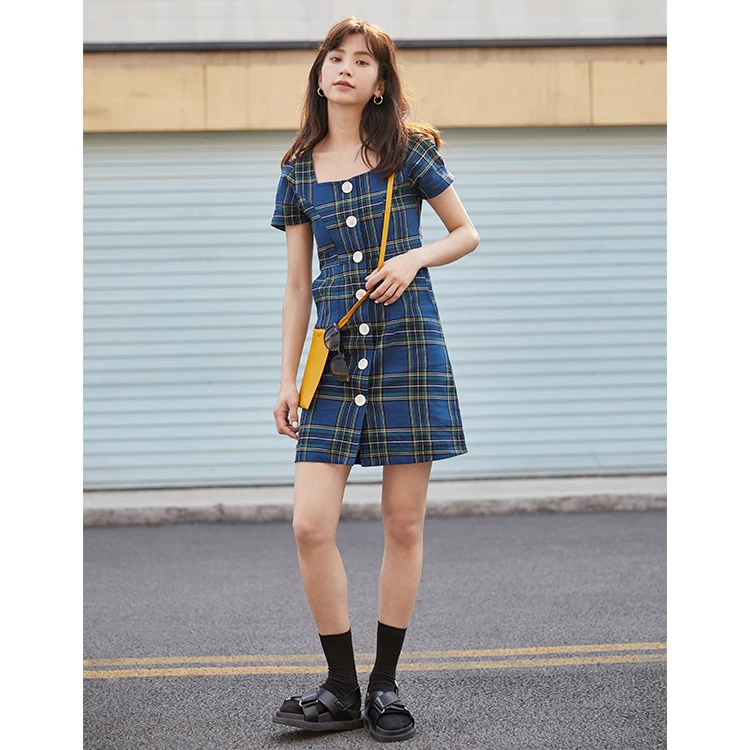 Синее клетчатое платье Make вечерние со светодиодами французское пляжное для