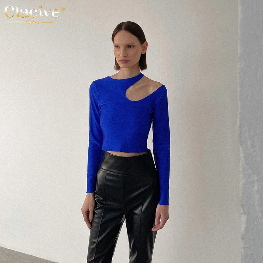 

Clacive Sexy Blue O-Neck Women's T-shirt Bodycon Long Sleeve Hollow Out T Shirt Fashion Party Club Tops Female Clothing 2022