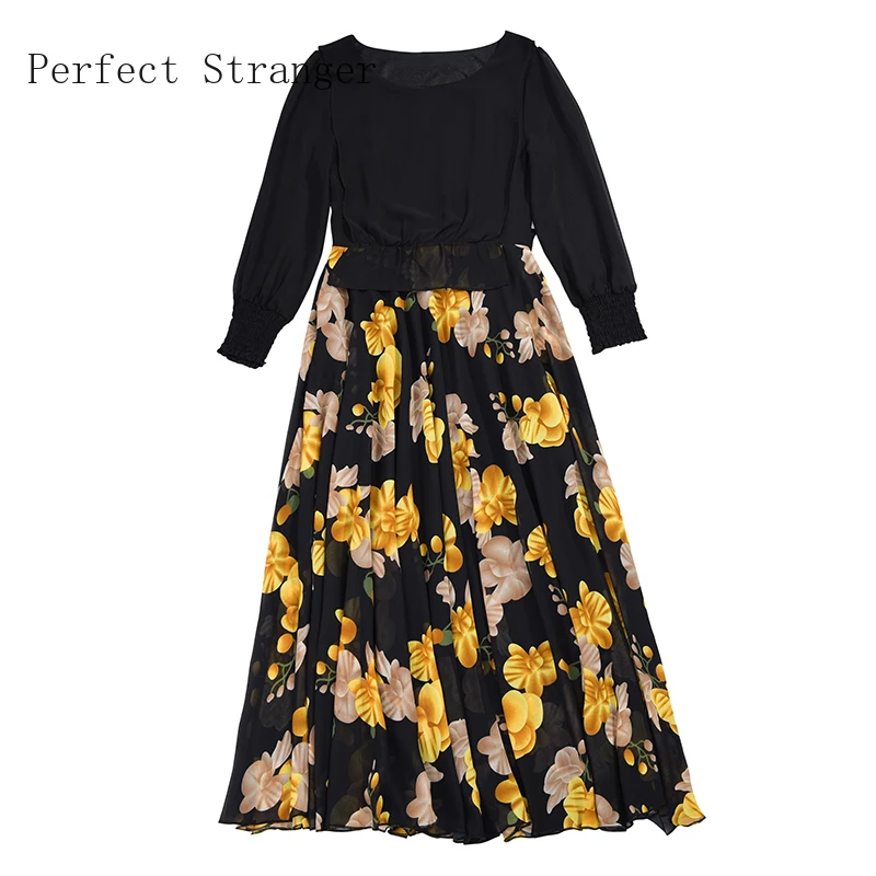 

2020 Autumn New Arrival High Quality Elegant O Collar Flower Printed Nine Quarter Sleeve Women Chiffon Long Dress