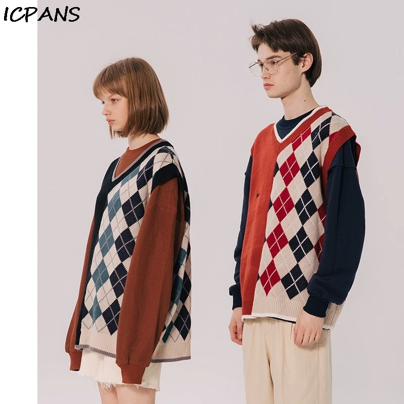 ICPANS японский свободный клетчатый жилет для женщин и мужчин, мужской жилет для пары, осень, Модная приталенная куртка без рукавов