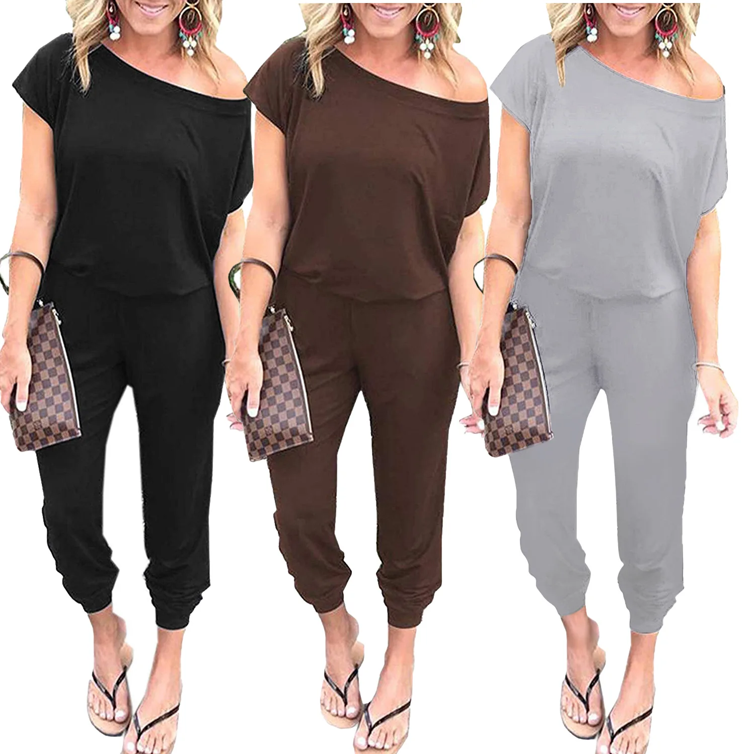 

Женский комбинезон HSF2014, модный свободный однотонный повседневный комбинезон с косым плечом