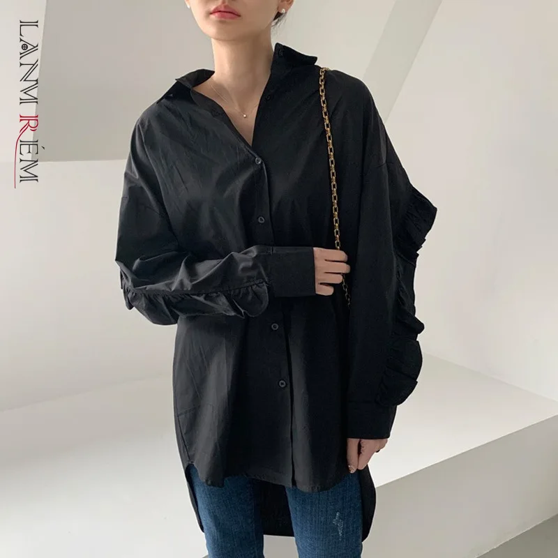 

LANMREM Long Sleeve Ruffles Black Shirt Women 2021 Autumn Summer Fashion New Irregular Loose Shirts Tops YH961