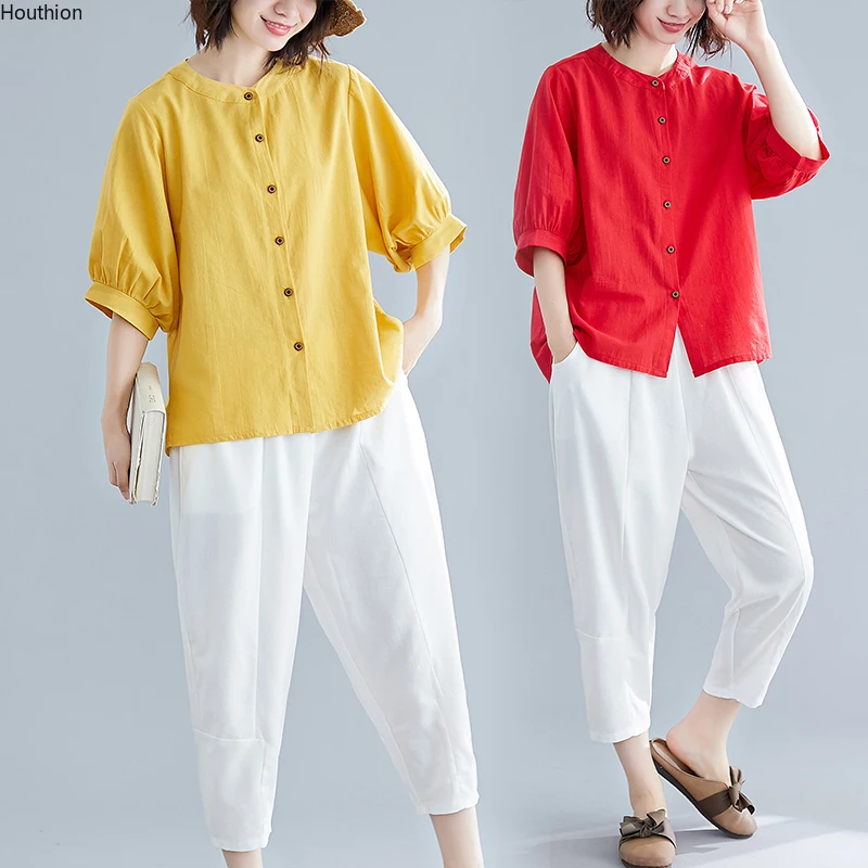 

Houthion Cotton Hemp Women's Blouses Short Sleeve Plus Size Shirt Solid New Button Korean Casual Tops Fashion Blouse