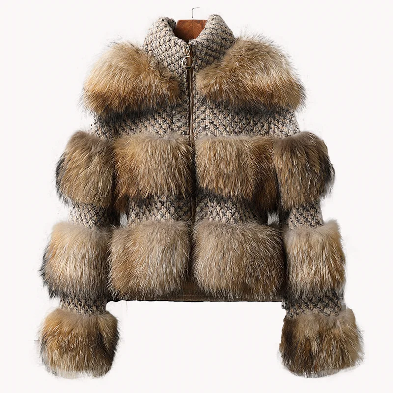 Enlarge real raccoon fur Short coat patchwork tweed woolen women winter warm thick natural coats long sleeve