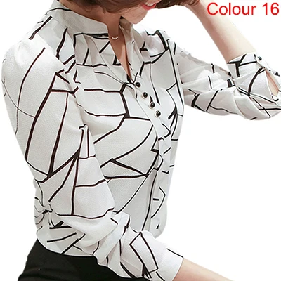 Женская шифоновая блузка, рубашка,, женская одежда, длинный рукав, Blusas, шифон, женские офисные блузки, с принтом, в полоску, в горошек, для девушек, OL, Топ - Цвет: Color 16