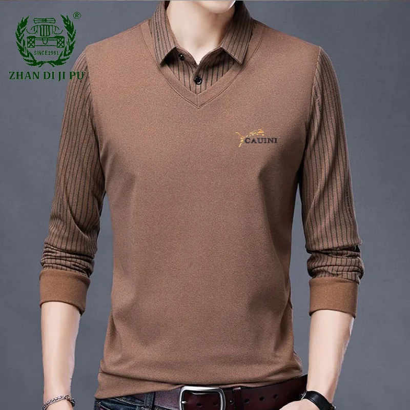 Men's Ice Silk Fleece Long Sleeve Polo Shirt Casual Lapel Loose Bottoming Shirt Male Fashion Striped Fake Two Pieces Polo Shirts