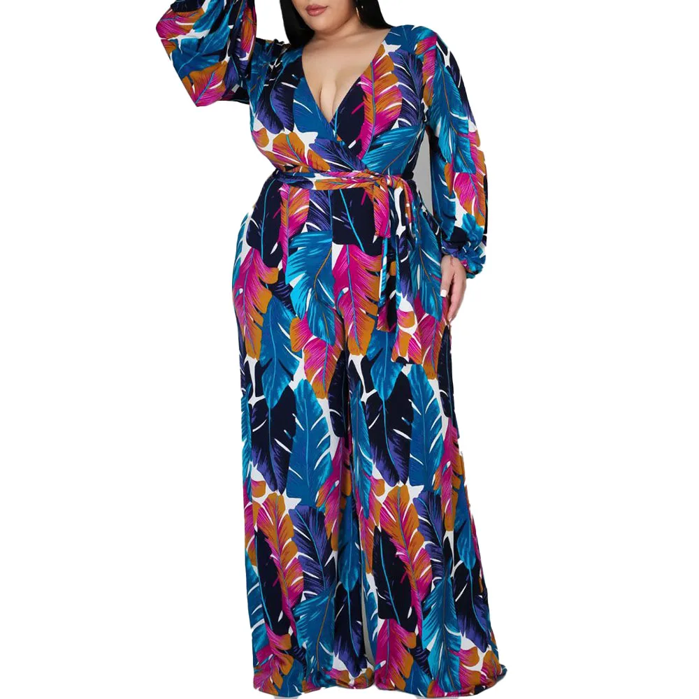 

Spring Autumn 2021 Printing High Waist Jumpsuit Bandage V-neck Long Sleeve Oversize African Casual Loose Europe America
