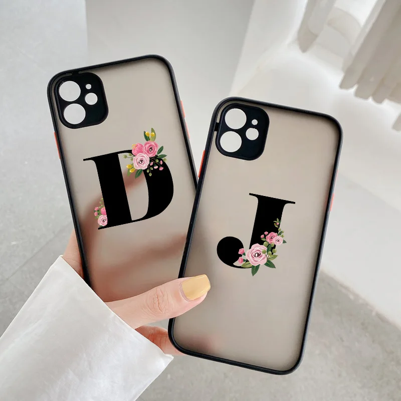 Black Letter Flower Matte Phone Case For iPhone 12 14 Pro Max Cases For iPhone 11 13 pro Back Cover fashion Shell Coque 