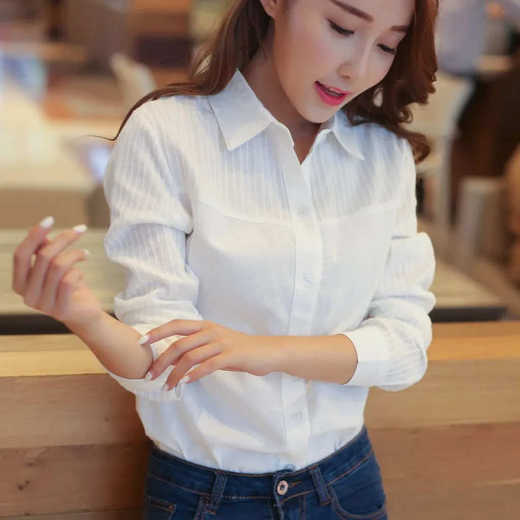 Женская офисная блузка Повседневная белая однотонная с отложным воротником и
