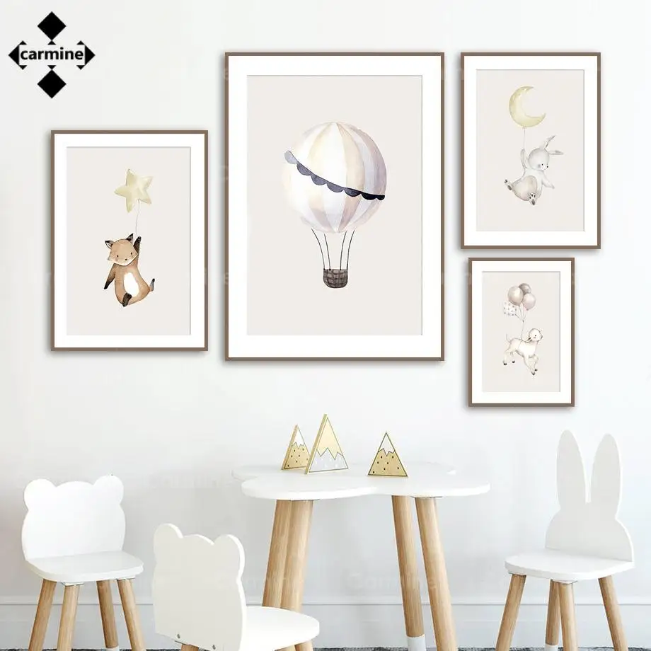 Animals Wall Pictures Kids Baby Room Decor Rabbit Fox Sheep Balloon Star Moon Wall Art Canvas Painting Nordic Posters and Prints