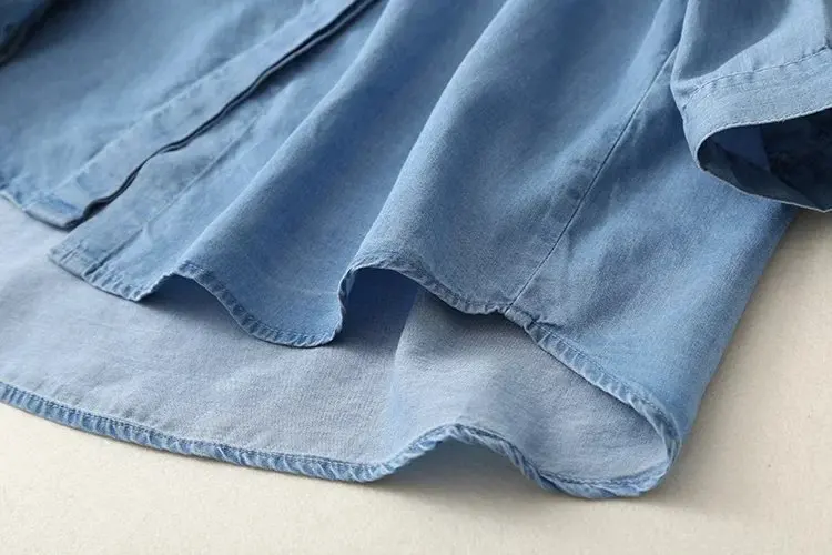 

2020 Autumn Women's Vintage Embroidery Soft Blue Denim Blouse Ladies Casual Loose Long Sleeve Turn-down Shirt tops