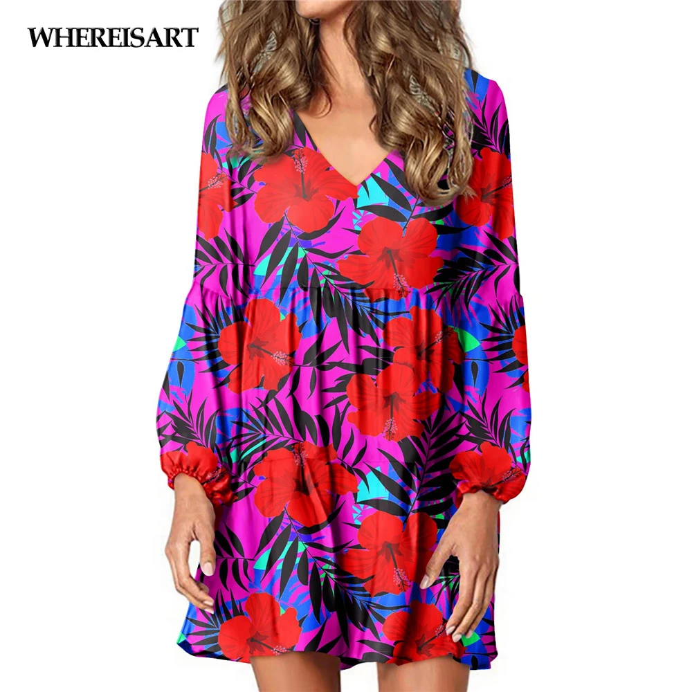 

WHEREISART Hot Selling Long Tops Flowy Dress For Women Tropical Hawaii Hibiscus Floral Pattern V-Neck Office Party Clothing