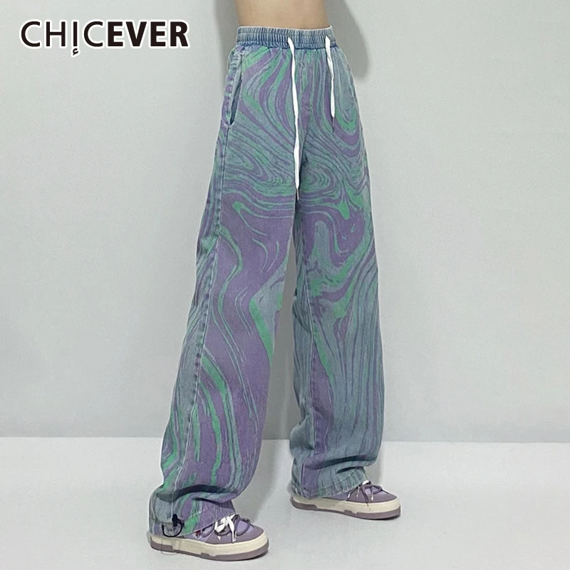 

CHICEVER Tie Dye Colorblock Denim Pant For Women Elastic High Waist Full Length Straight Wide Leg Women's Jeans 2021 Clothing