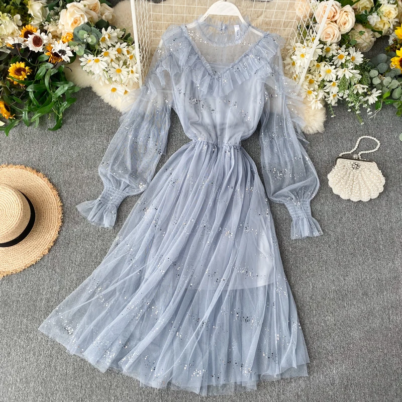 Женское кружевное платье с цветочным принтом длинное газовое из вуали рукавами