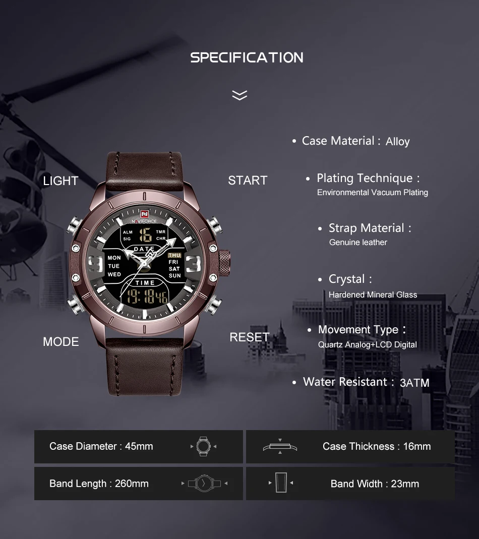 Мужские часы naviforce Роскошные брендовые кожаные водонепроницаемые кварцевые мужские часы Военные аналого-цифровые часы мужские Relogio Masculino