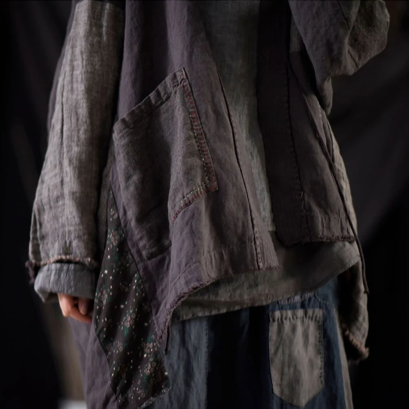 

Linen Patchwork Vintage Trench Loose Plus Size Windbreaker 2021 Spring New Retro Pockets Women Long V-neck Coat