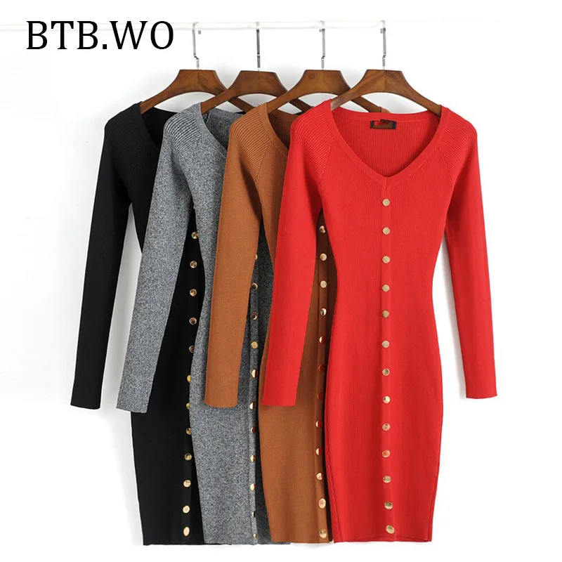 2019 зимняя Осенняя вязаная одежда модное сексуальное однотонное тонкое платье с