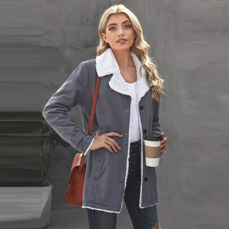 

Осенне-зимние теплые плотные пальто с пушистым отворотом, Женские однотонные однобортные парки, офисные женские шикарные повседневные пал...