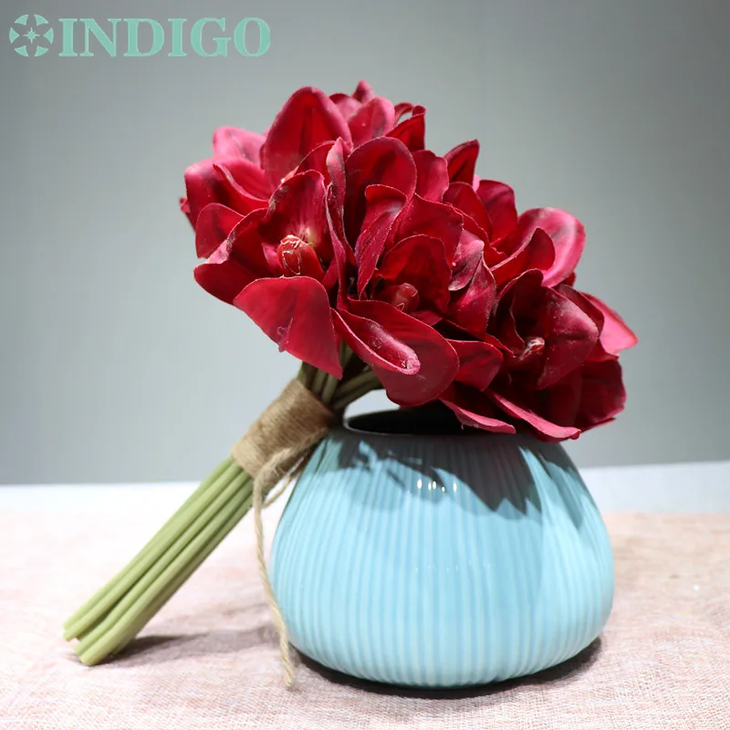 

INDIGO 21 pcs/Lot 5 Colors Cymbidium Orchids New Style Bride Banquet Real Touch Flower Wedding Party Free Shipping