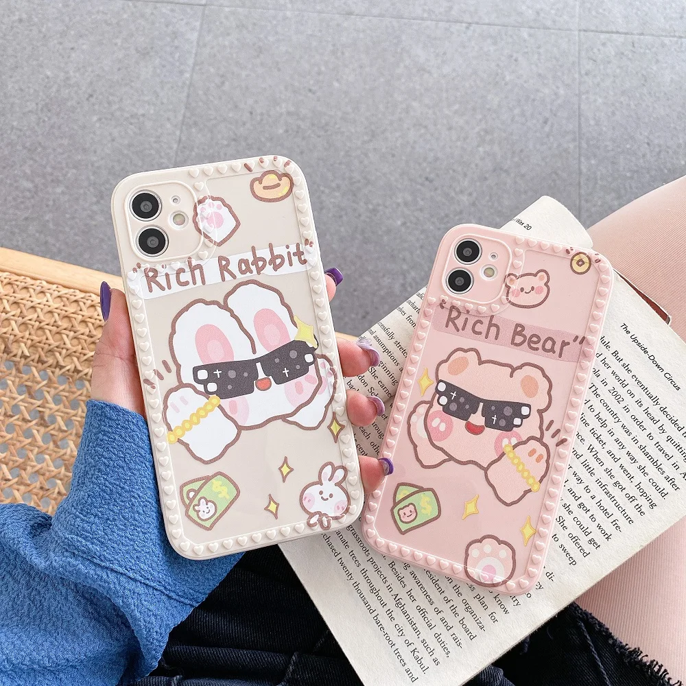 

3D Cute Case For iPhone 11 12 Pro 7 8 6S 6 Plus Mini XR X XS Max Silicone Case Cartoon Rich Bunny Bear Cover Soft Funda Coque