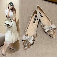 deisnger brand glitter flats women pointed toe bowtie korean shoes new weaving espadrilles single zapatillas mujer big size 43