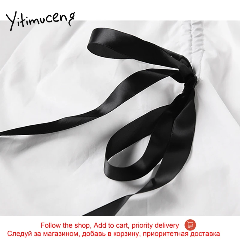 

Yitimuceng Dresses Women Summer Bow Lace Up Mini High Waist V-Neck A-Line Solid White Black 2021 Korean Fashion New Casual Dress