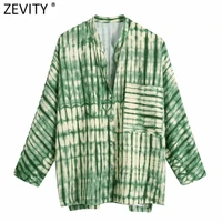 zevity new women vintage stand collar green color tie dyed print smock blouse female kimono shirts chic loose blusas tops ls9586