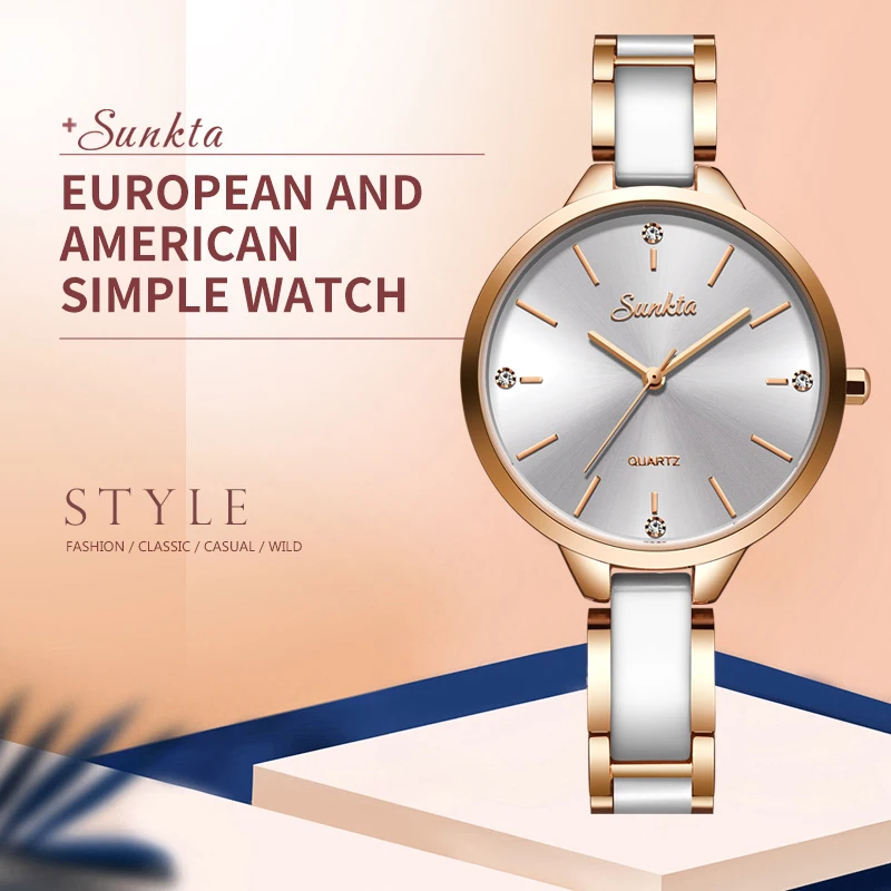 SUNKTA простой подарок женские часы с кристаллами водонепроницаемые розовое золото