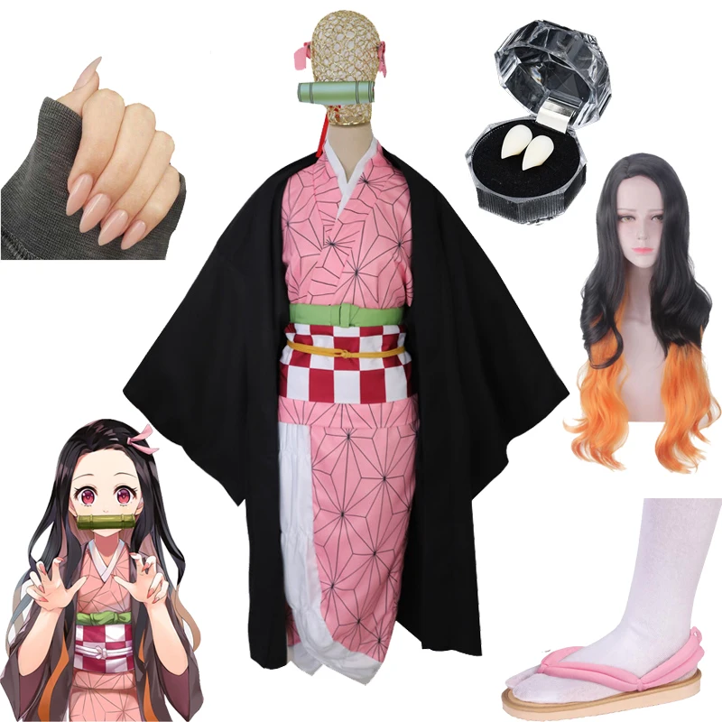 Anime Demon Slayer: Kimetsu no Yaiba Cosplay Costume Kamado Nezuko Japanese Kimono Woman costume Anime things Nail Art Dentures
