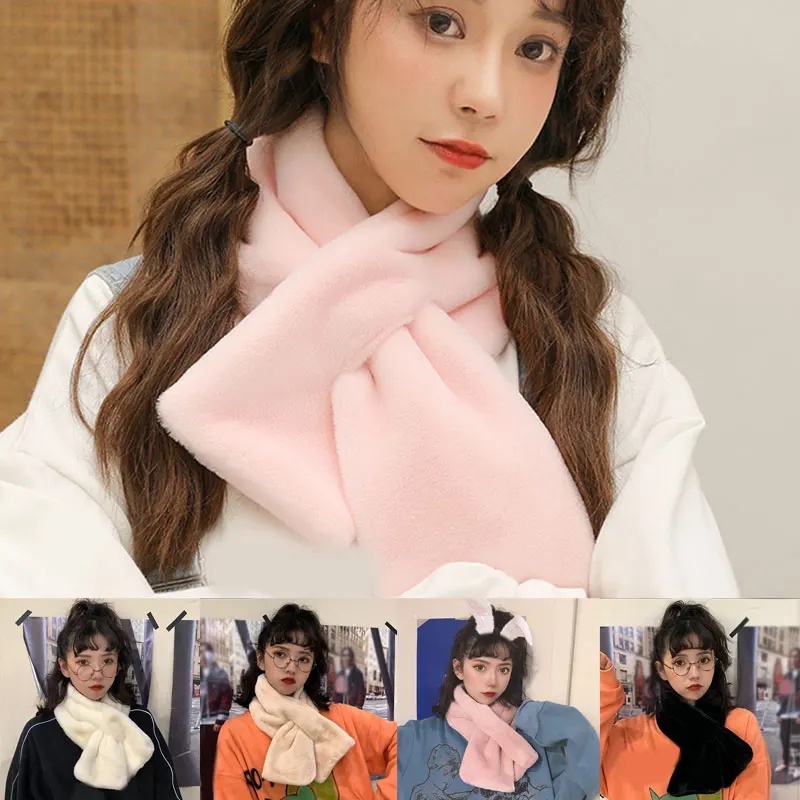 

Warm Plush Scarf Solid Color Faux Fur Thick Scarves Soft Comfortable Cross Scarves Neck Warmer Winter Women Simple Scarf