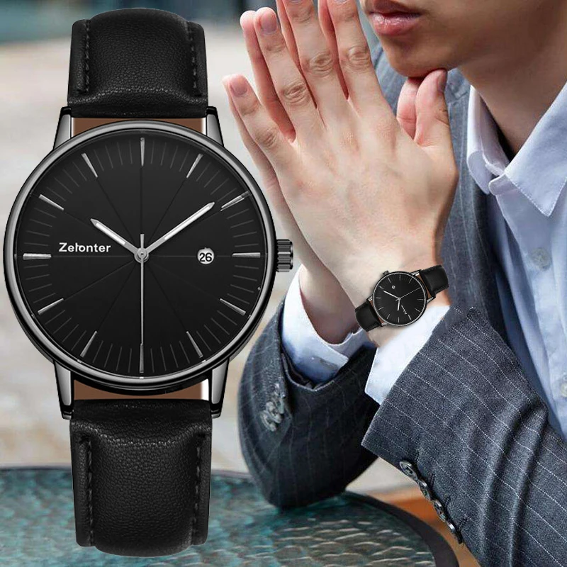 Простые деловые мужские кожаные часы с рисовым циферблатом металлическая указка