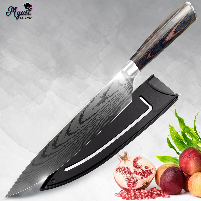 

Kitchen knife 8 inch Chef Knives 7CR17 440C High Carbon Japanese Stainless Steel Imitated Damascus Sanding Laser Pattern Santoku