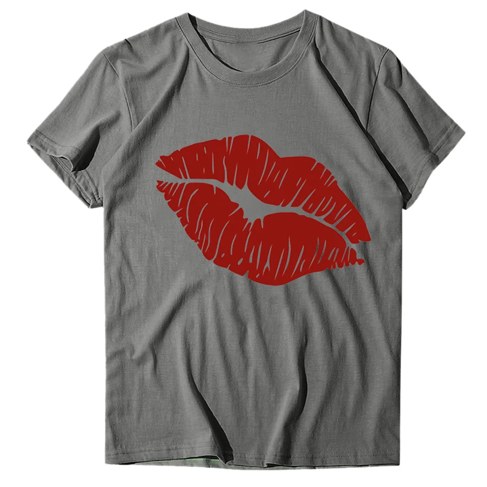 Модная полосатая футболка с принтом губ Повседневная Свободная круглым вырезом