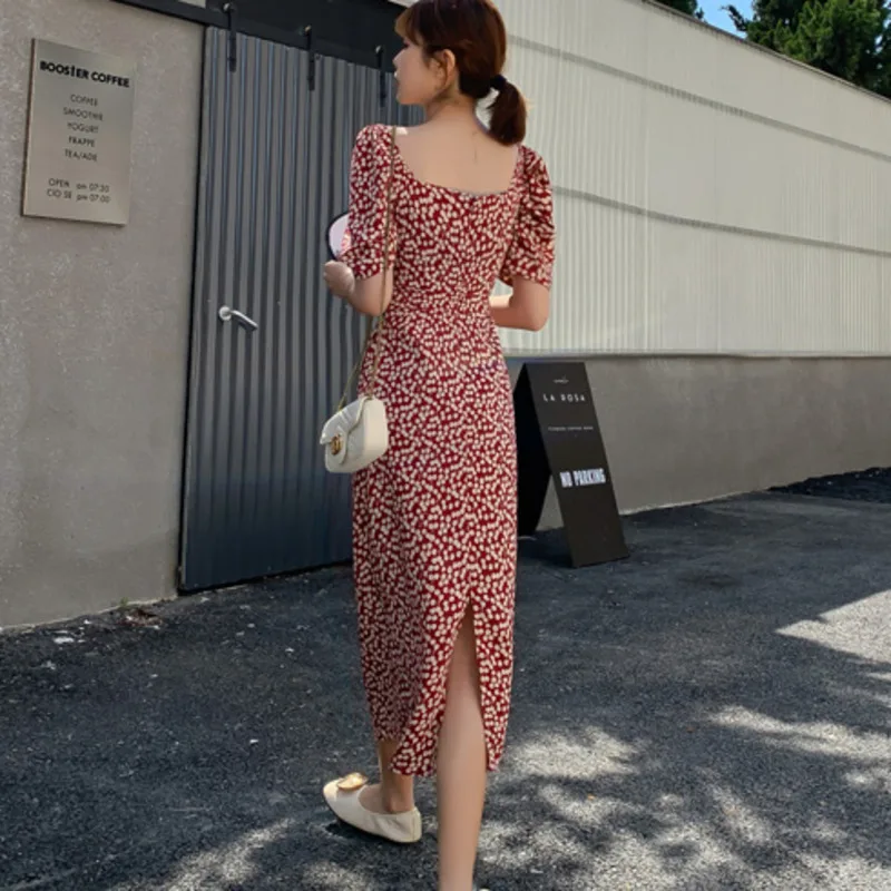 

Casual Summer Female Long Dress Women 2021 Square Collar Vintage Dress Vestidos Flower Short Sleeve Holiday Boho Beach Dresses