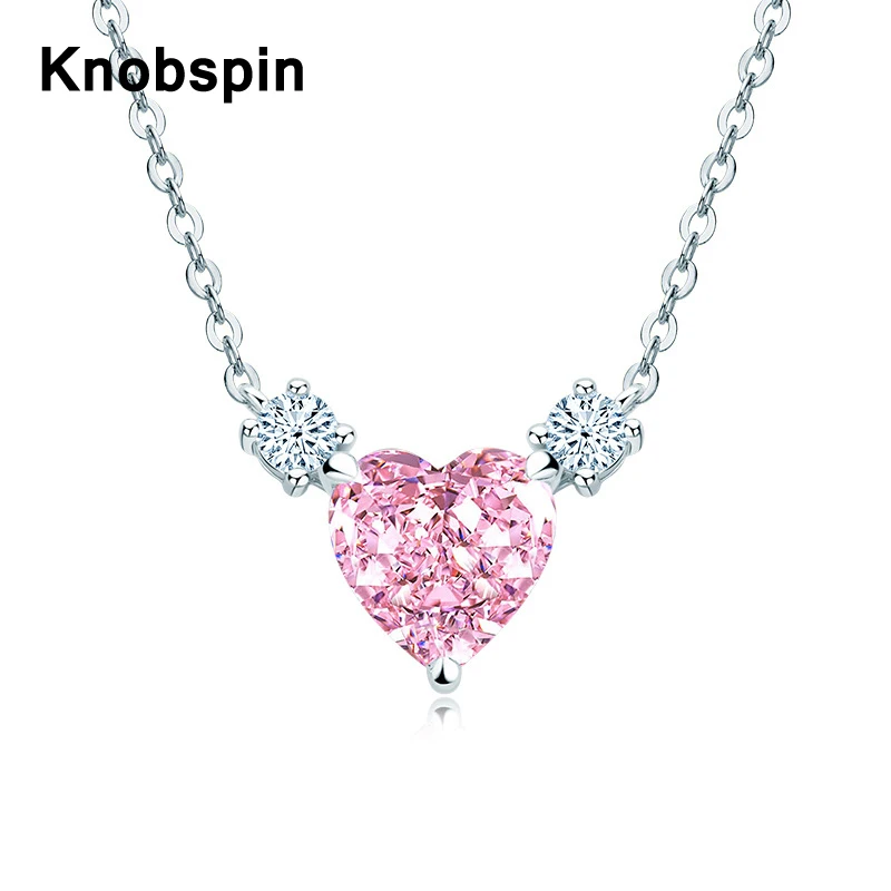 

Knobspin Vintage 100% 925 Sterling Silver Ice Flower Cut 8*8mm Pink High Carbon Diamond Heart Pendant Necklace For Women Jewelry