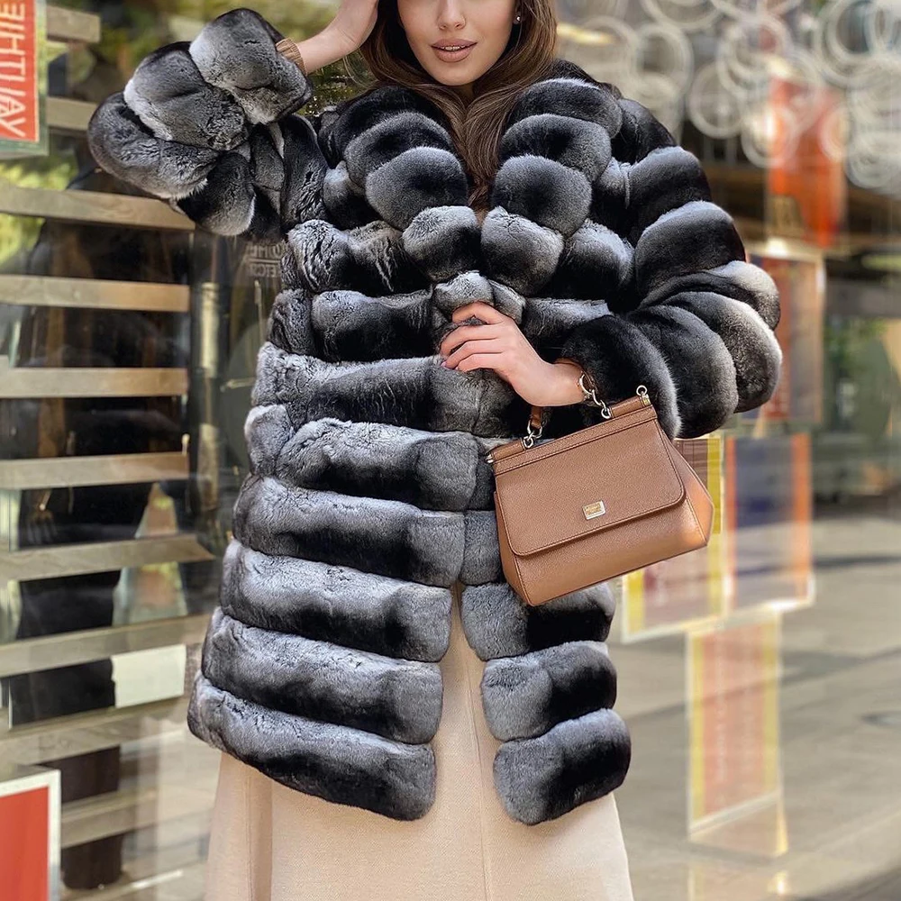 Natural Rex Rabbit Fur Coat Chinchilla Color Genuine Rex Rabbit Fur Coat with Turn-down Collar Mid-length Fur Overcoat Fashion