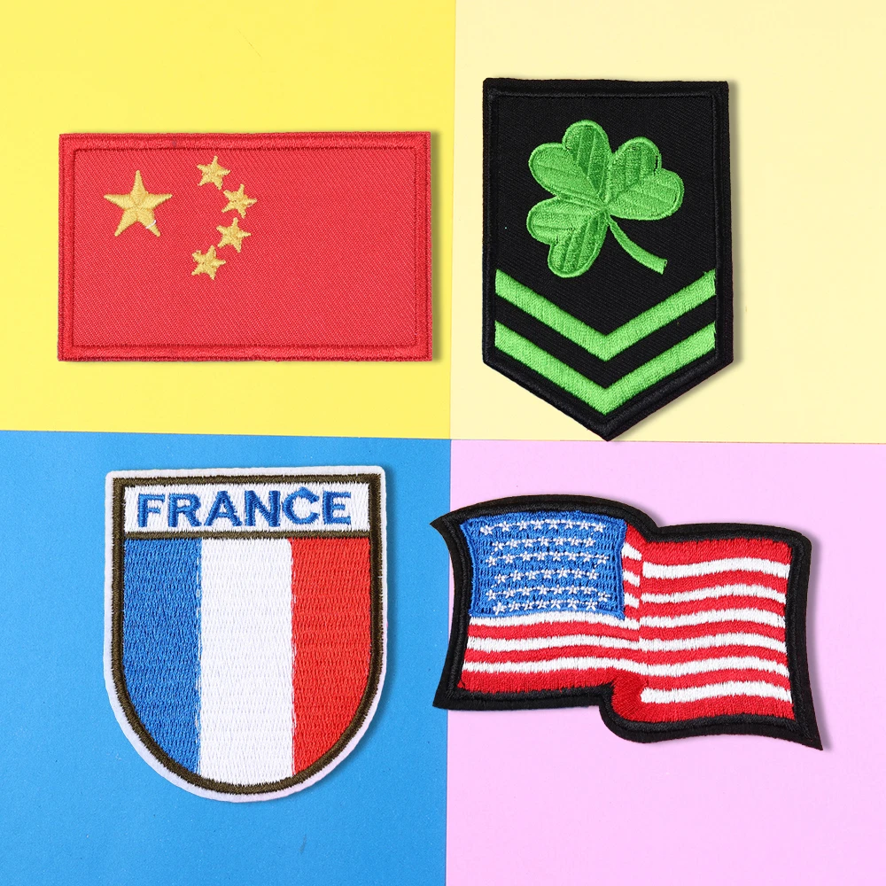 

Chinese flag American flag Patches Iron On Clover epaulet Heart Shape Appliques 3D Diy France flag Badges for Clothes