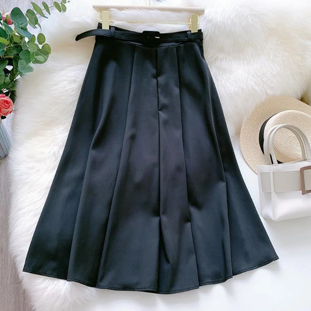 Летняя плиссированная черная юбка элегантная женская с высокой талией и поясом