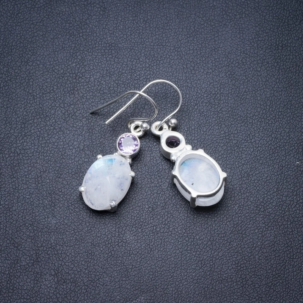 

Natural Rainbow Moonstone and Amethyst Handmade Unique 925 Sterling Silver Earrings 1.25" Y3026
